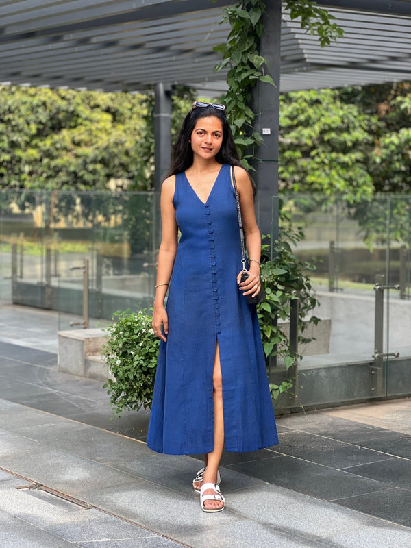 Navy Blue Handspun Cotton A-Line Front Slit Maxi Dress