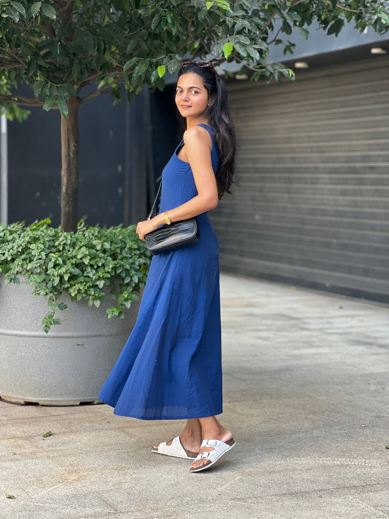 Navy Blue Handspun Cotton A-Line Front Slit Maxi Dress