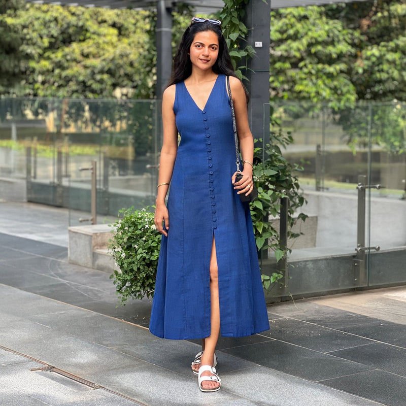 Buy Navy Blue Handspun Cotton A-Line Front Slit Maxi Dress Online at SeamsFriendly Buy Navy Blue Handspun Cotton A-Line Front Slit Maxi Dress Online at SeamsFriendly