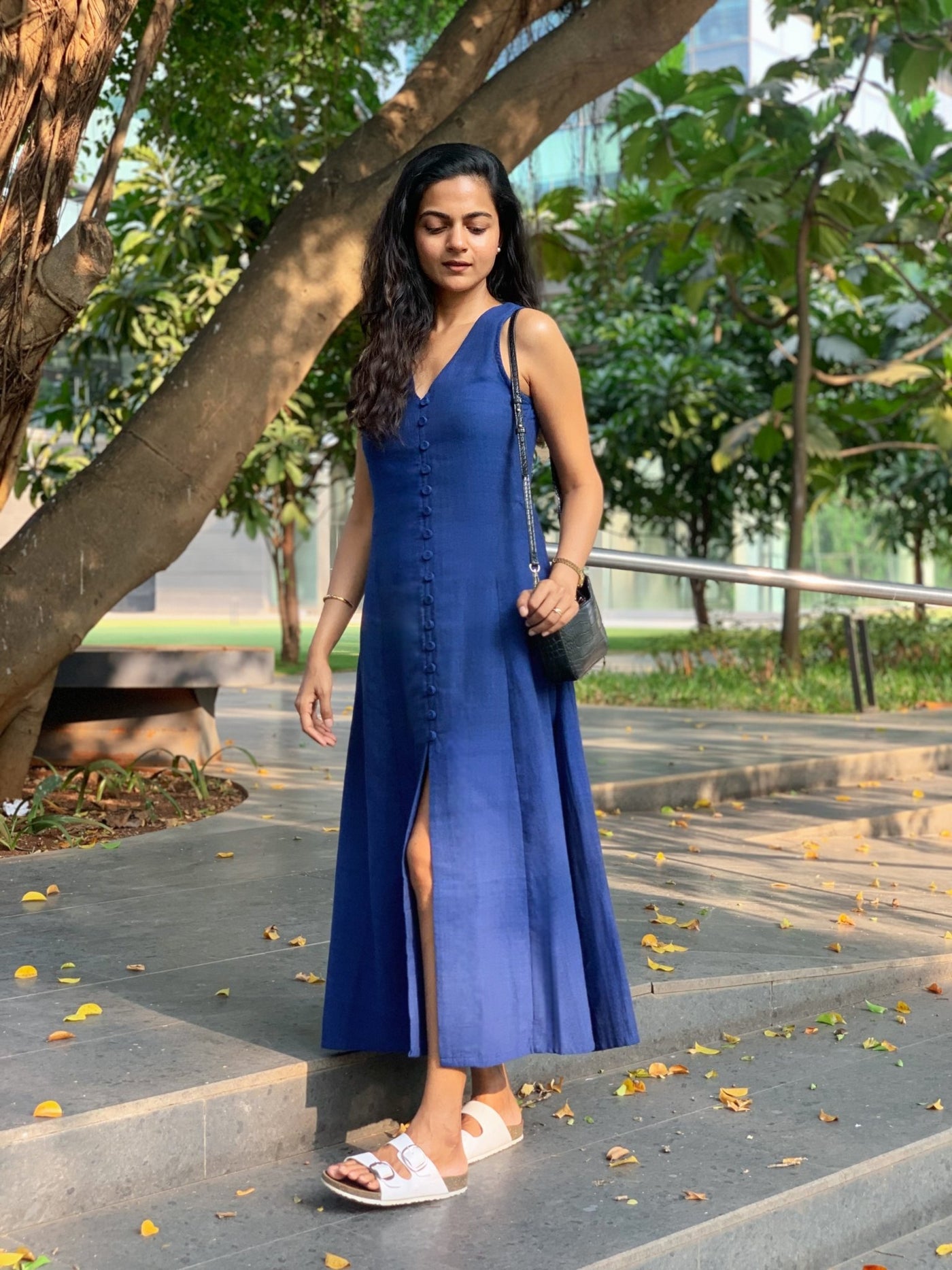 Buy Navy Blue Handspun Cotton A-Line Front Slit Maxi Dress Online at  SeamsFriendly