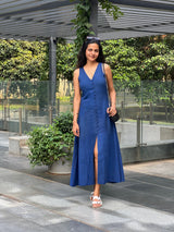 Navy Blue Handspun Cotton A-Line Front Slit Maxi Dress