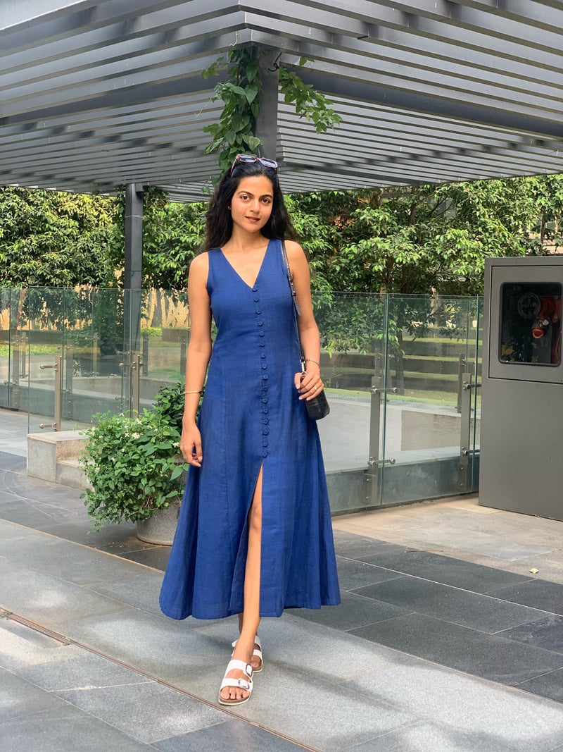 Navy Blue Handspun Cotton A-Line Front Slit Maxi Dress 40" / Tall (5'7" and above) Navy Blue Handspun Cotton A-Line Front Slit Maxi Dress 40" / Tall (5'7" and above)