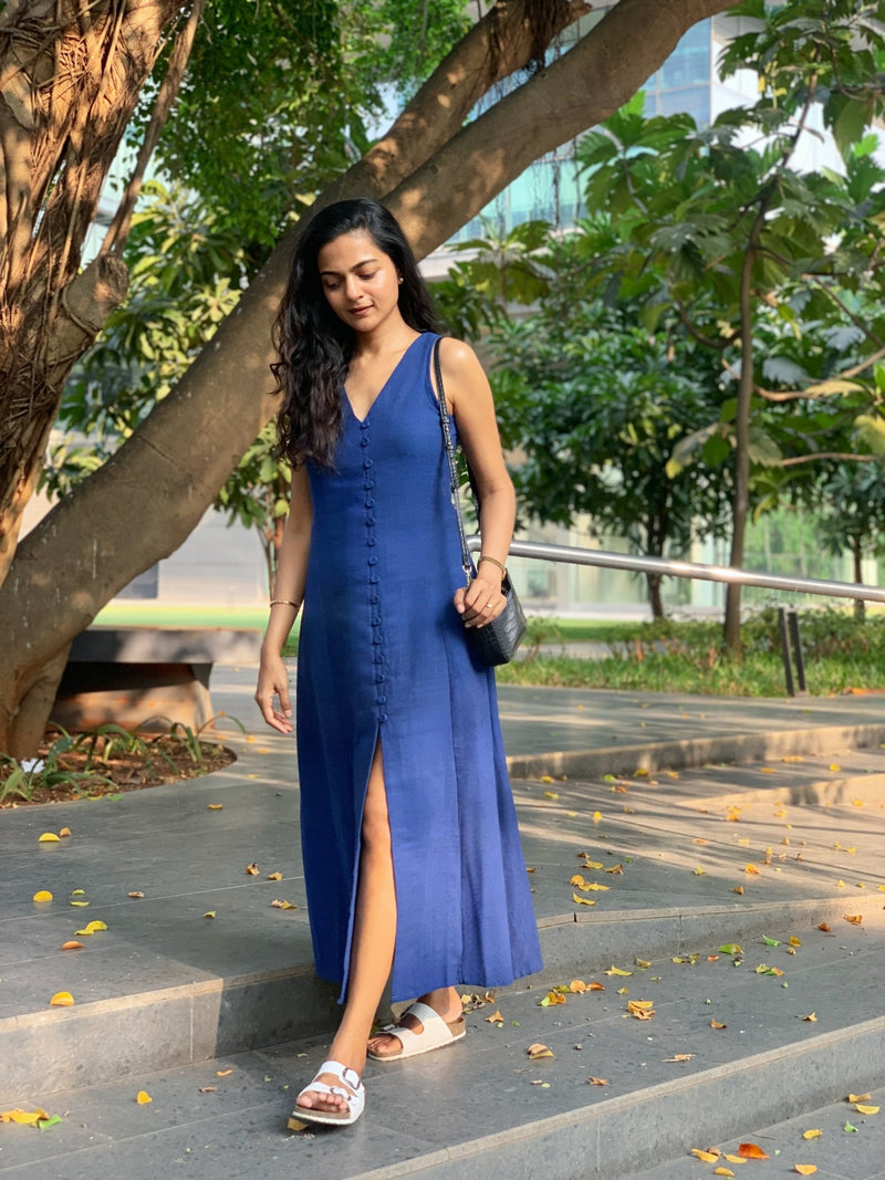 Navy Blue Handspun Cotton A-Line Front Slit Maxi Dress 40" / Tall (5'7" and above) Navy Blue Handspun Cotton A-Line Front Slit Maxi Dress 40" / Tall (5'7" and above)
