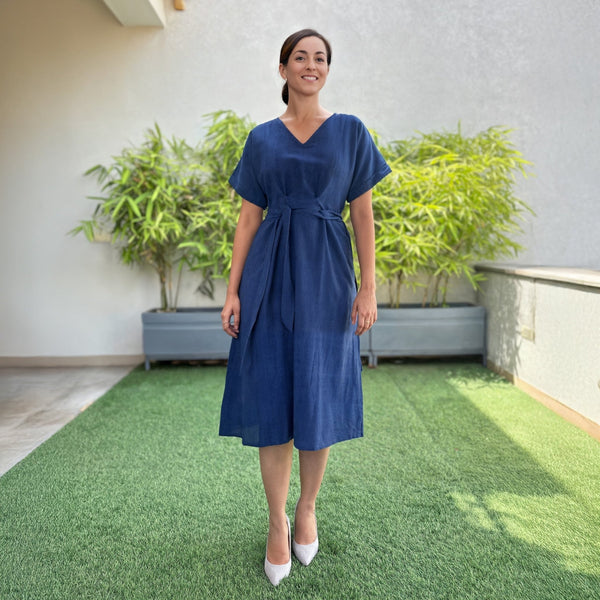 Navy Blue Handspun Cotton A-Line Midi Wrap Dress