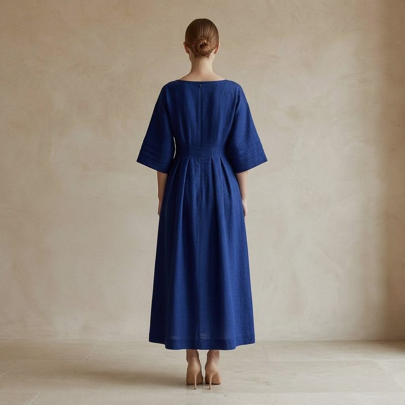 Navy Blue Handspun Cotton Boat Neck Maxi Dress with Kimono Sleeves 62 Navy Blue Handspun Cotton Boat Neck Maxi Dress with Kimono Sleeves 62