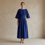 Navy Blue Handspun Cotton Boat Neck Maxi Dress with Kimono Sleeves