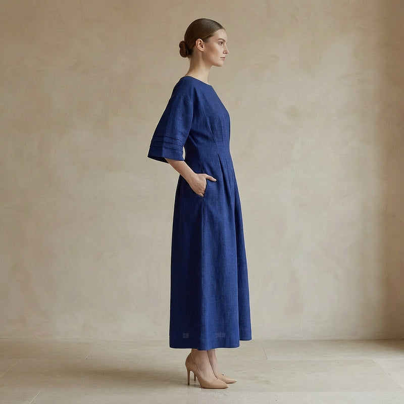 Navy Blue Handspun Cotton Boat Neck Maxi Dress with Kimono Sleeves 62" / Petite (5'1" and below) Navy Blue Handspun Cotton Boat Neck Maxi Dress with Kimono Sleeves 62" / Petite (5'1" and below)