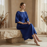 Navy Blue Handspun Cotton Boat Neck Maxi Dress with Kimono Sleeves