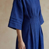 Navy Blue Handspun Cotton Boat Neck Maxi Dress with Kimono Sleeves