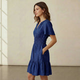 Navy Blue Handspun Cotton Elasticated Short Tier Dress
