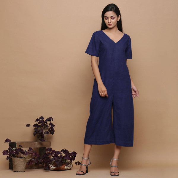 Front View of a Model wearing Navy Blue Handspun Ikat Straight Jumpsuit