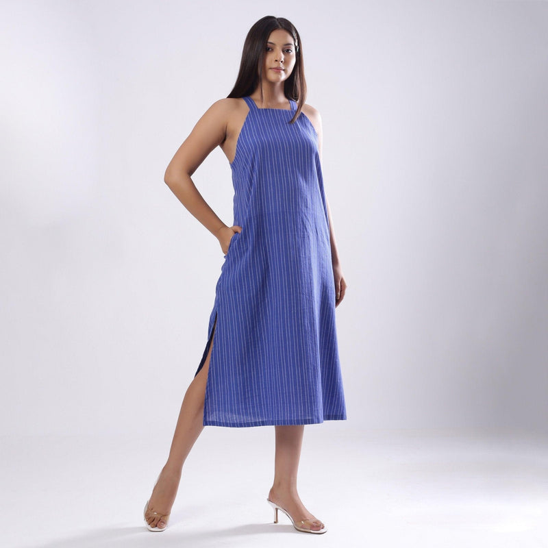 Front View of a Model wearing Navy Blue Handspun Slit Slip Dress