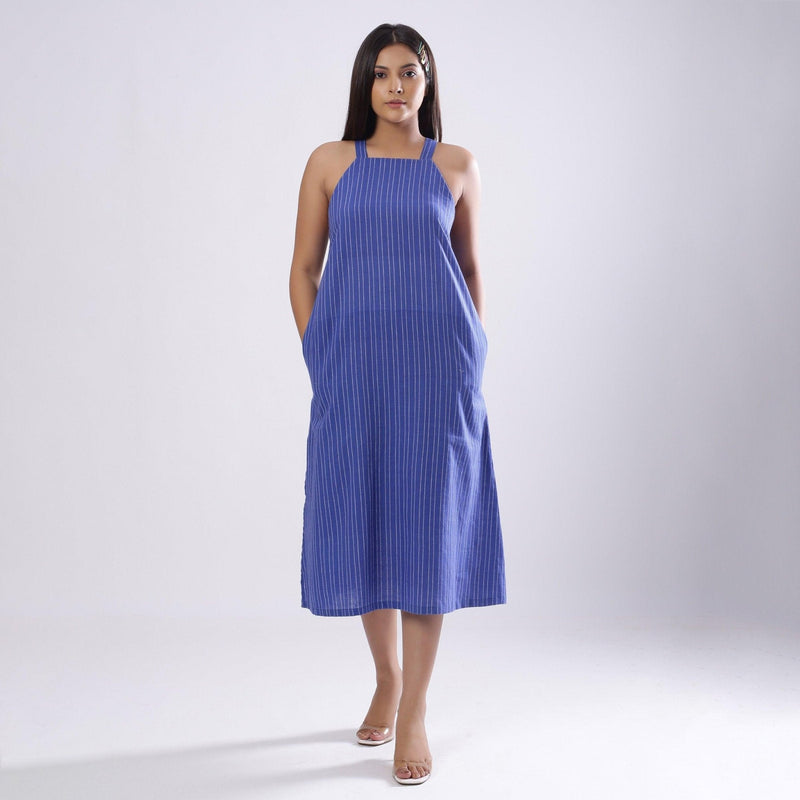 Front View of a Model wearing Navy Blue Handspun Slit Slip Dress