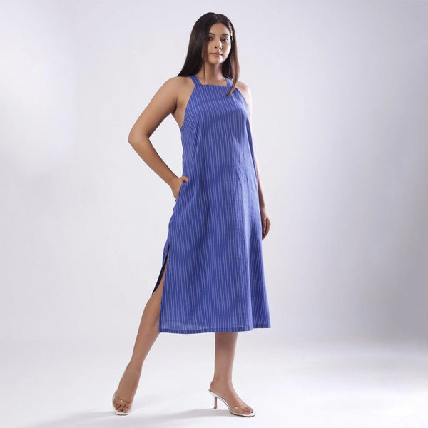 Right View of a Model wearing Navy Blue Handspun Slit Slip Dress