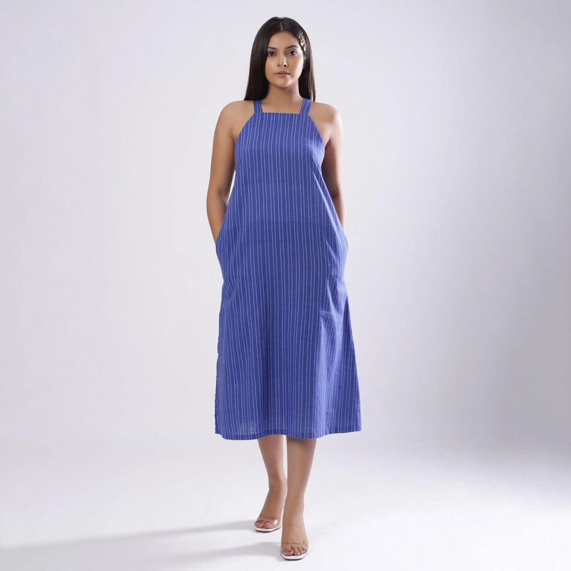 Front View of a Model wearing Navy Blue Handspun Slit Slip Dress