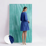 Navy Blue Handspun Cotton V-Neck Gathered Short Dress