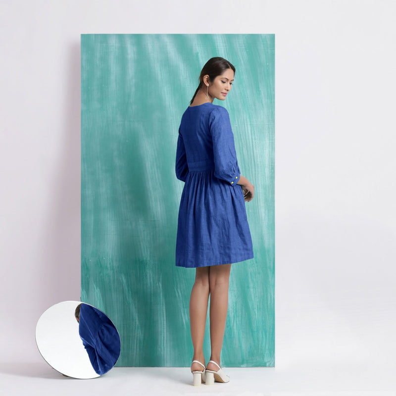 Navy Blue Handspun Cotton V-Neck Gathered Short Dress