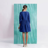 Navy Blue Handspun Cotton V-Neck Gathered Short Dress