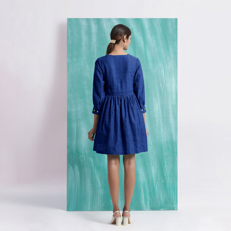 Navy Blue Handspun Cotton V-Neck Gathered Short Dress