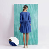 Navy Blue Handspun Cotton V-Neck Gathered Short Dress
