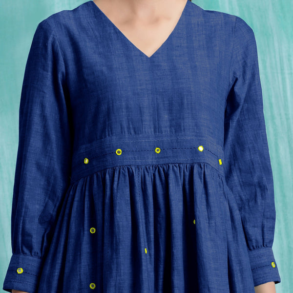 Navy Blue Handspun Cotton V-Neck Gathered Short Dress