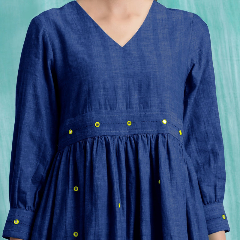 Navy Blue Handspun Cotton V-Neck Gathered Short Dress