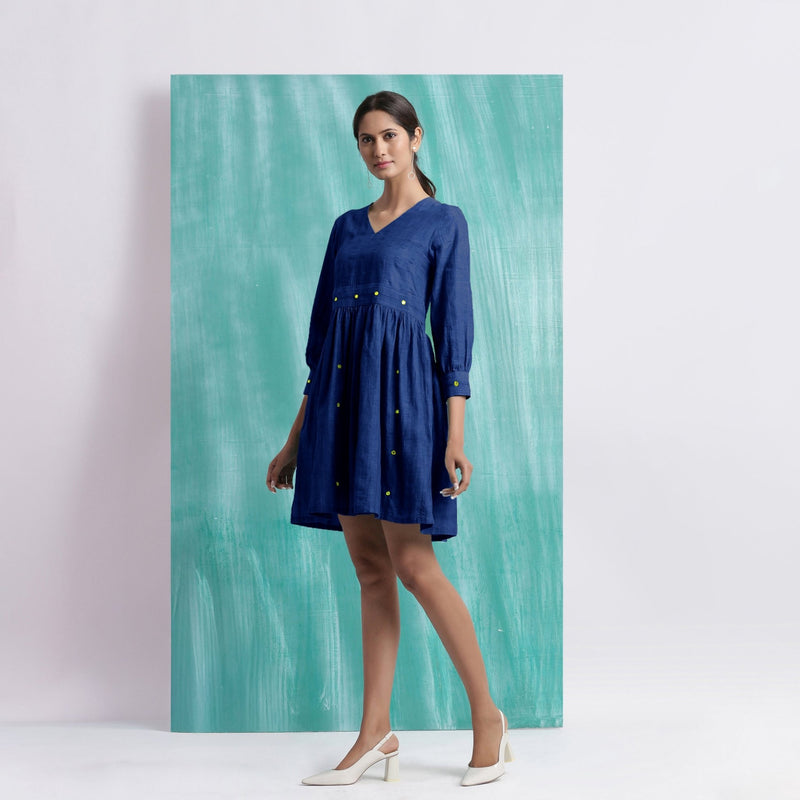 Navy Blue Handspun Cotton V-Neck Gathered Short Dress