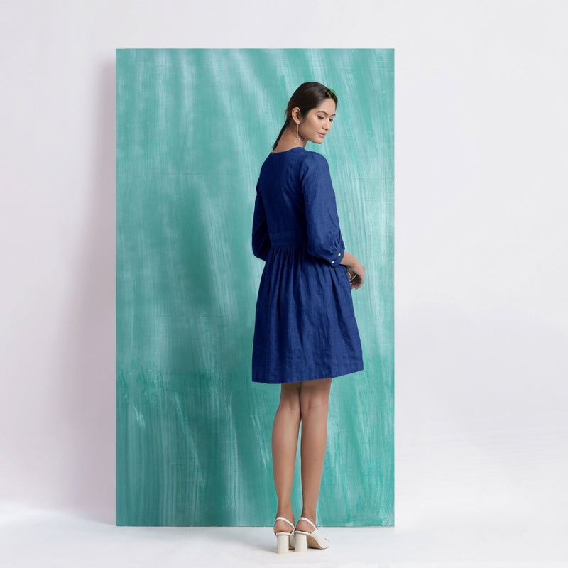 Navy Blue Handspun Cotton V-Neck Gathered Short Dress