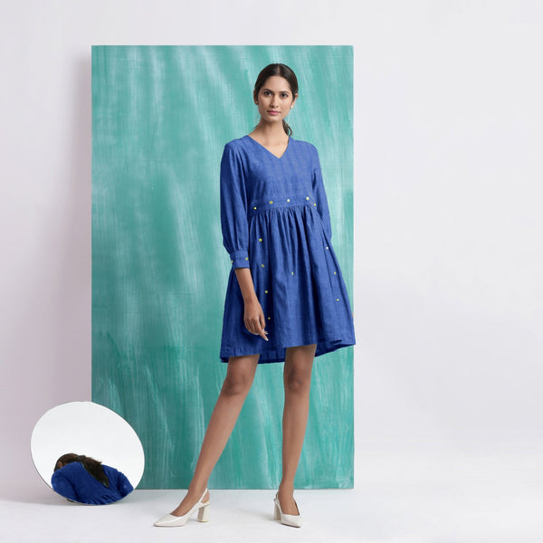 Navy Blue Handspun Cotton V-Neck Gathered Short Dress