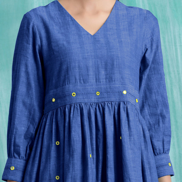 Navy Blue Handspun Cotton V-Neck Gathered Short Dress
