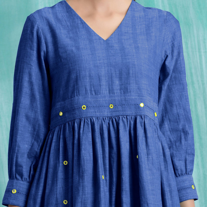 Navy Blue Handspun Cotton V-Neck Gathered Short Dress