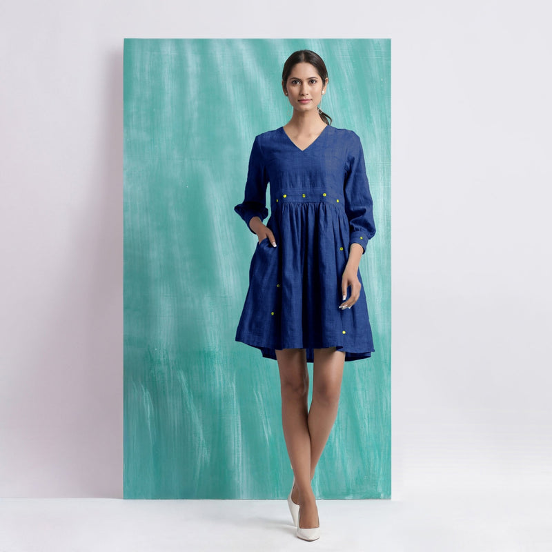 Navy Blue Handspun Cotton V-Neck Gathered Short Dress