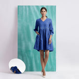 Navy Blue Handspun Cotton V-Neck Gathered Short Dress