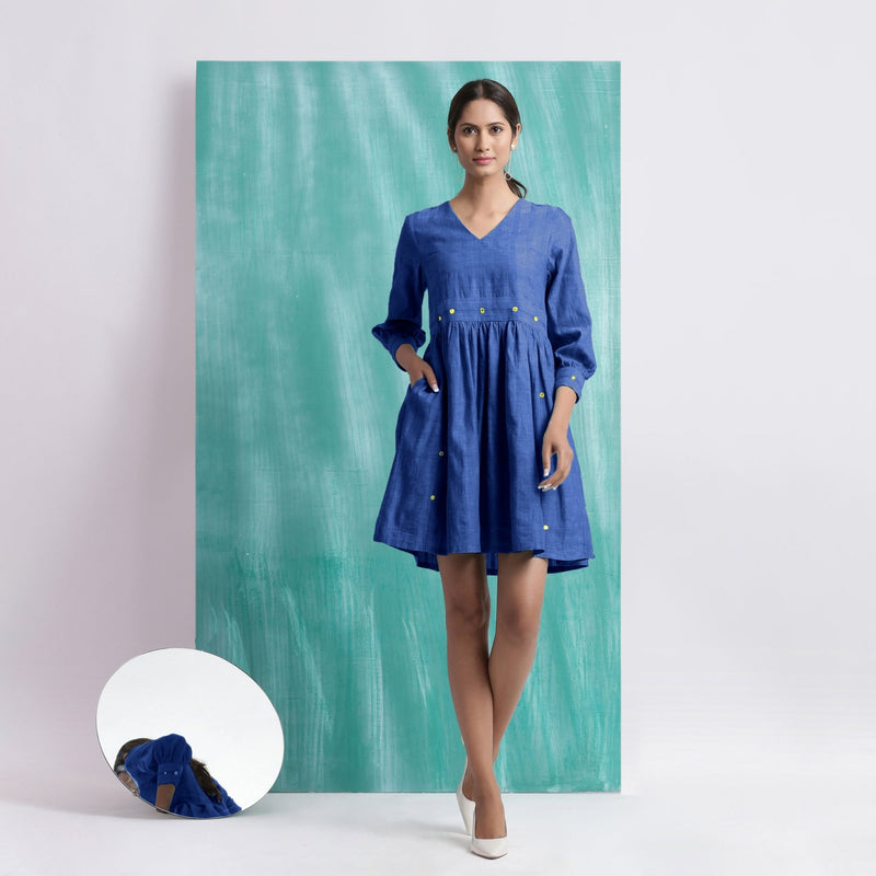 Navy Blue Handspun Cotton V-Neck Gathered Short Dress