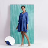 Navy Blue Handspun Cotton V-Neck Gathered Short Dress