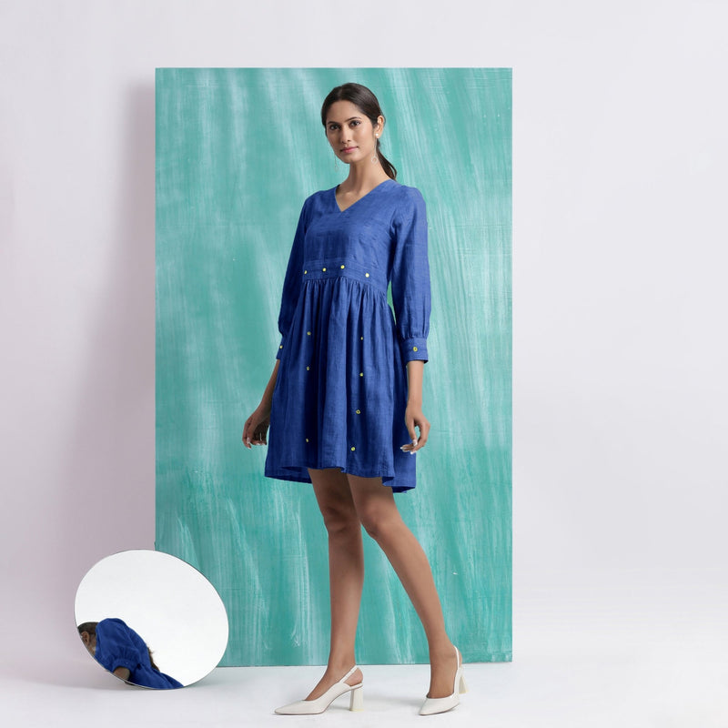 Navy Blue Handspun Cotton V-Neck Gathered Short Dress
