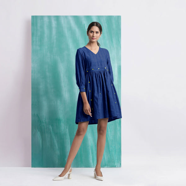 Navy Blue Handspun Cotton V-Neck Gathered Short Dress