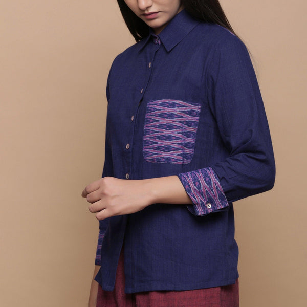 Front Detail of a Model wearing Ikat Handspun Cotton Navy Blue Shirt