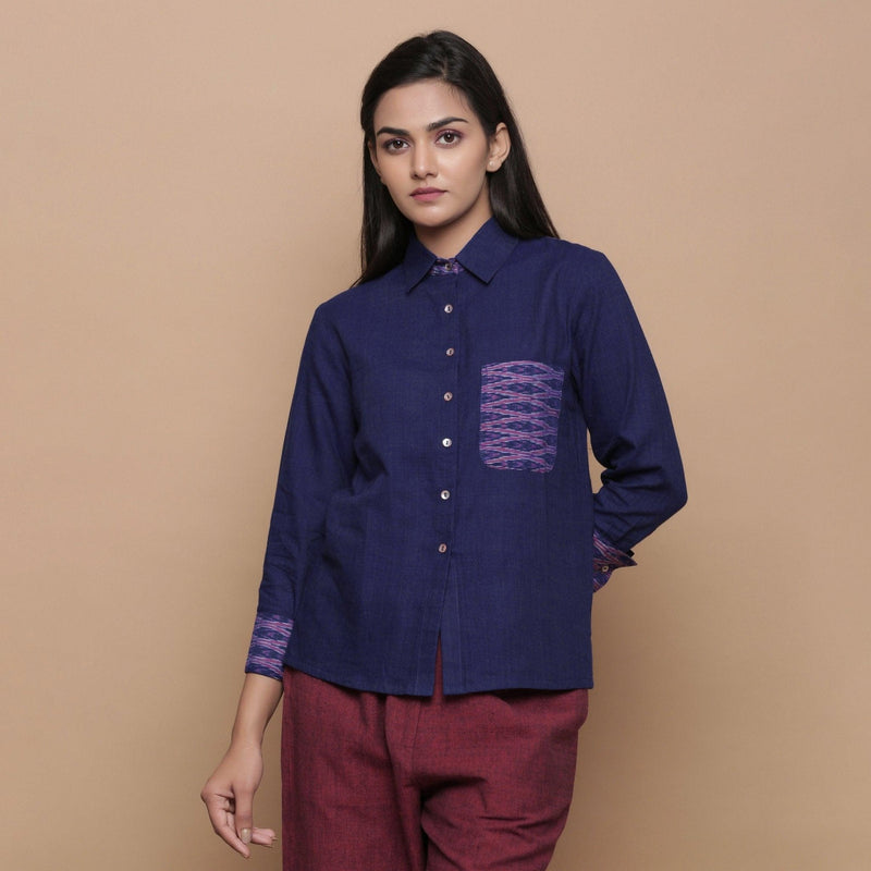 Front View of a Model wearing Ikat Handspun Cotton Navy Blue Shirt