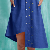 Navy Blue Mirror Work Cotton Knee Length Asymmetrical Dress