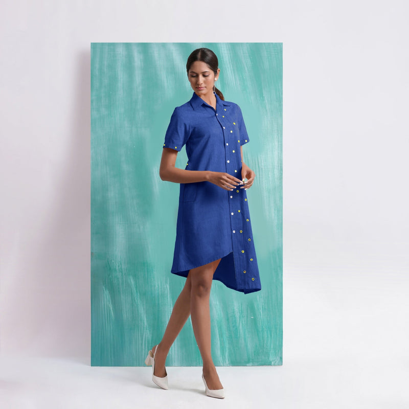 Navy Blue Mirror Work Cotton Knee Length Asymmetrical Dress Custom Size (Free) / Custom Height (Free) Navy Blue Mirror Work Cotton Knee Length Asymmetrical Dress Custom Size (Free) / Custom Height (Free)