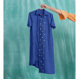 Navy Blue Mirror Work Cotton Knee Length Asymmetrical Dress