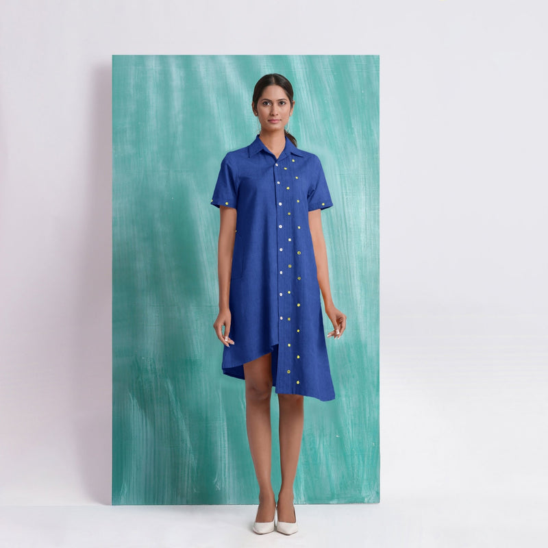 Navy Blue Mirror Work Cotton Knee Length Asymmetrical Dress