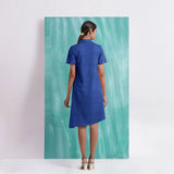 Navy Blue Mirror Work Cotton Knee Length Asymmetrical Dress