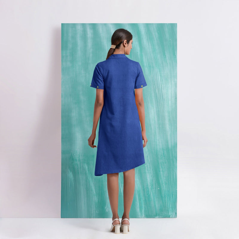 Navy Blue Mirror Work Cotton Knee Length Asymmetrical Dress