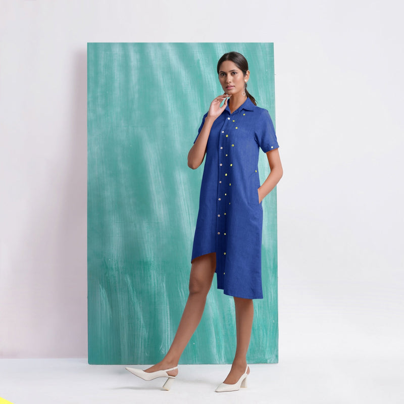 Navy Blue Mirror Work Cotton Knee Length Asymmetrical Dress
