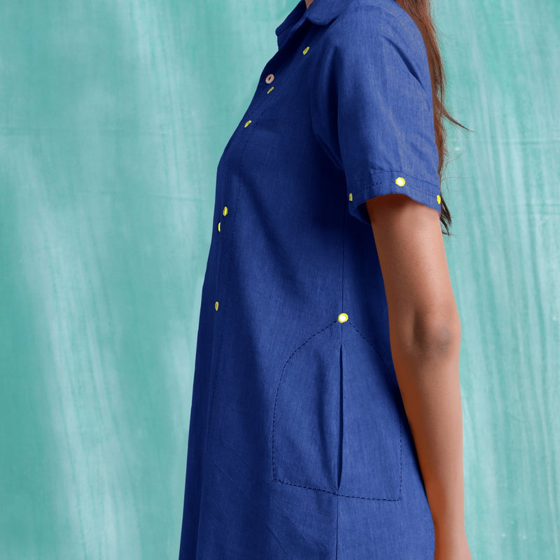 Navy Blue Mirror Work Cotton Knee Length Asymmetrical Dress