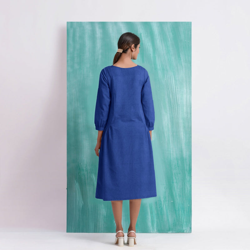 Navy Blue Mirror Work Embroidered Cotton Paneled Midi Dress
