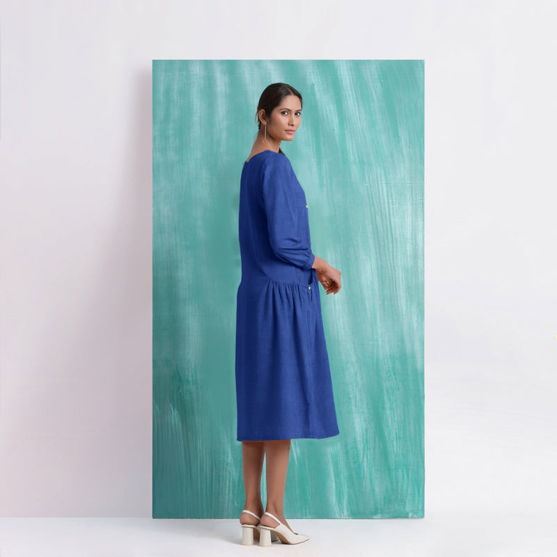 Navy Blue Mirror Work Embroidered Cotton Paneled Midi Dress