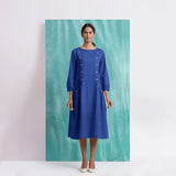 Navy Blue Mirror Work Embroidered Cotton Paneled Midi Dress